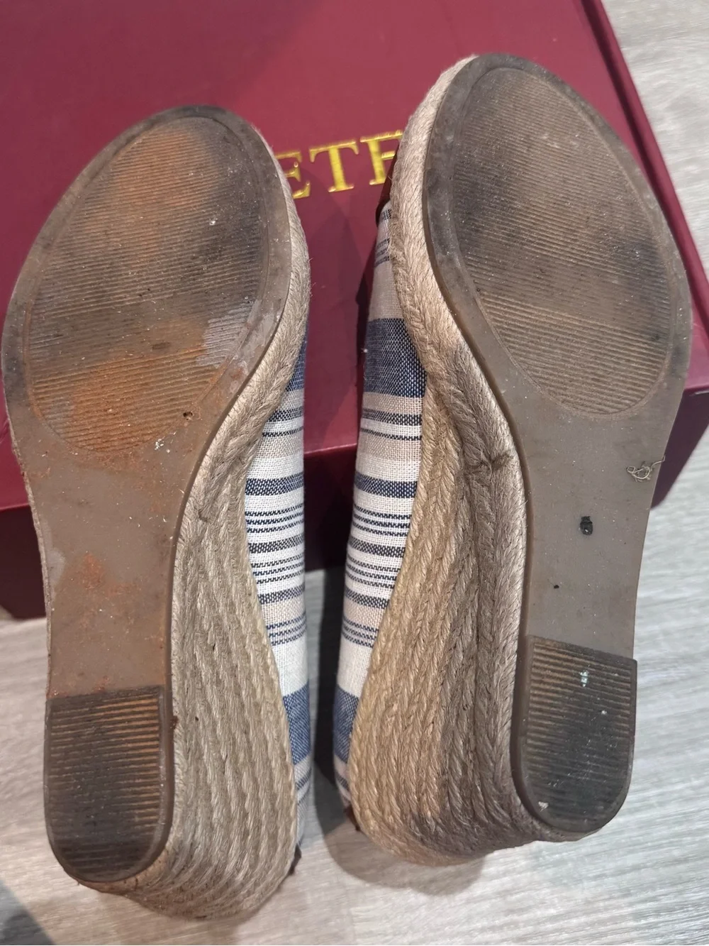 G.H. Bass & Co. Blue and White Striped Espadrille Wedge with Brown Cap Toe